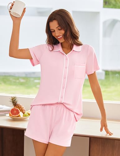 Image of Ekouaer Womens Pajama Sets Button Down Lounge Set 2 Piece Loungewear Soft Sleepwear Short Sleeve Pjs with Pockets