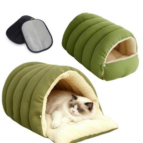 2 in 1 Warmes Katzenbett Winter 57cm, Kuschelhöhle Katze & Hundehöhle Kleine Hunde, Waschbar & Faltbar, Katzenkorb mit Dach, Plüsch Katzenschlafplatz & Versteck für Katzen mit Fellhandschuh(L)