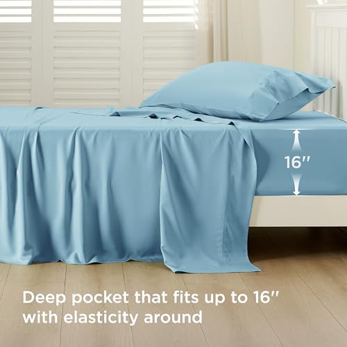 Image of Bedsure Cooling Sheets Twin, Rayon Derived from Bamboo, PureWoven, Breathable & Soft Twin Sheets Set, Deep Pocket Up to 16 Inches, Hotel Luxury Silky Bedding for Hot Sleepers, Aqua