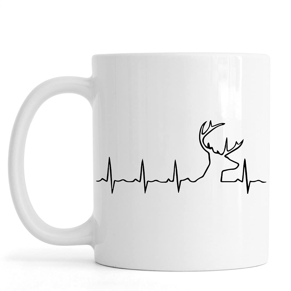 LAMFLAMF Heartbeat Deer Coffee Mug, Deer Hunter, Birthday Gift for Dad, Gift for Dad Hunting, Hunting Mug for Husband, Deer Hunting Mug, White Coffee Mug 15 OZ