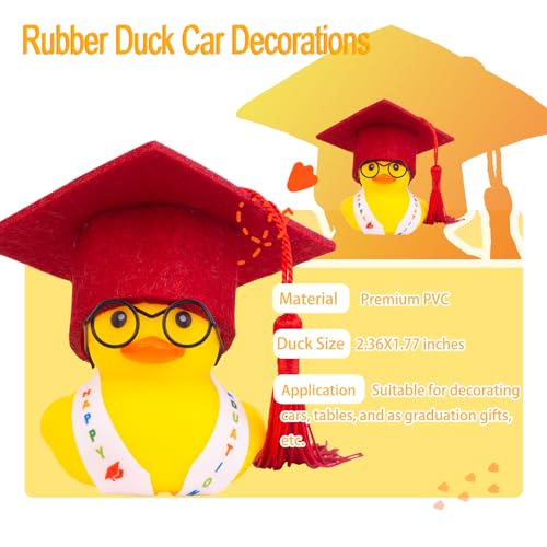 CoFuBcad Graduation Duck Car Ornament Yellow Rubber Duck Car Dashboard Decor with Mini Graduation Hat Sash Glasses - Thumbnail 2