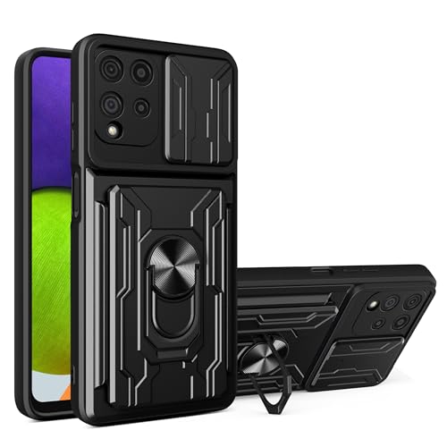 JayModCase Funda para Samsung Galaxy M22/ A22 4G/ M32 4G Carcasa con Cubierta de Cámara Deslizante, Soporte de Anillo Metálico y Cartera Desmontable con Ranuras, Protección Militar Antigolpes - Negro