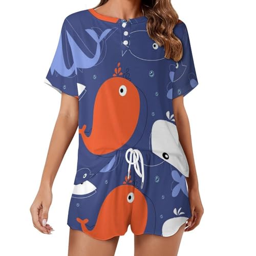 Pyjama pour femme manches courtes Baleine Colorée vêtement de nuit été sleepwear léger
