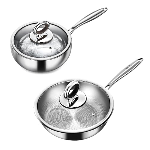 STEHEMO Titanium Cookware Set, 11'' Titanium Pans for Cooking, 9.45'' Soup Wok with Lid, Titanium Hammered Chef-Grade Design,PFAS/PFOA/PTFE-Free, Induction & Oven-Safe, Dishwasher Safe,Pan soup wok,11