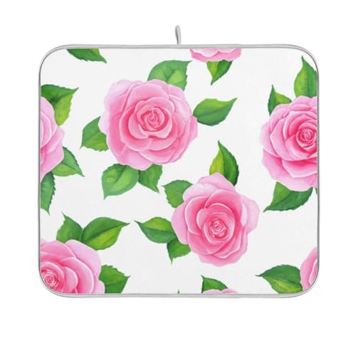 Tappetino assorbente per asciugare i piatti, ad asciugatura rapida, con stampe artistiche, resistente al calore, per piatti secchi, bancone della cucina, rose e foglie verdi, 40,6 x 45,7 cm