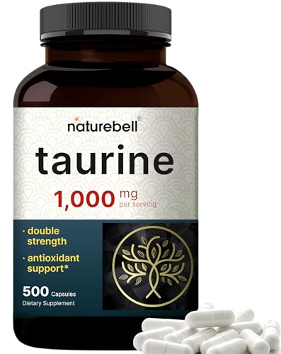 NatureBell Taurine 1000mg Per Serving 500 Capsules | Essential Amino Acid Supplement - Dual Potency - Antioxidant Support for Heart Muscle Brain & Liver Health - No