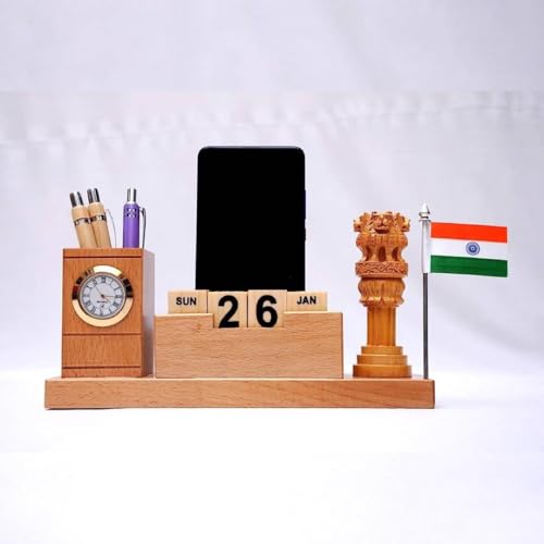 Image of Vrundavan Wood Art Wooden Desk Organizer with Pen Stand, Mobile Holder Flag Ashoka Pillar Clock & Calendar Personalized Office Accessory for IAS Advocates Corporate & Office Gifts Brown