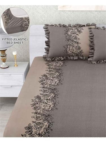 Image of VOMZER Queen Size (60x78) 300 TC Soft Cotton Feel Microfiber All Around Elastic Fitted Double Bedsheet with 2 Frill Pillow Covers | Coffee
