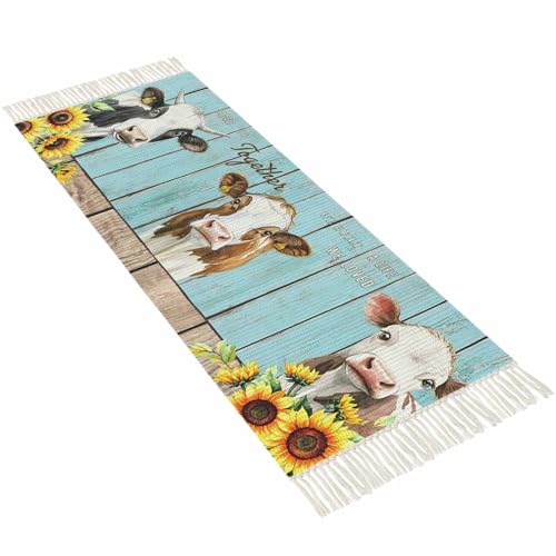 Farmhouse Cow Kitchen Runner Rug 2'x4', Washable Woven Cotton Area
