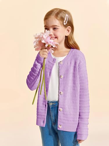 Image of Haloumoning Girls Button Down Cardigan Jackets Kids Long Sleeve Cable Knit Sweaters 5-14 Years Purple
