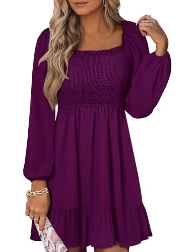 ANRABESS Womens Long Lantern Sleeve Square Neck Dress Smocked Tiered High Waist Ruffle Flowy Swing 2025 Fall Short Dresses Deep Purple Medium