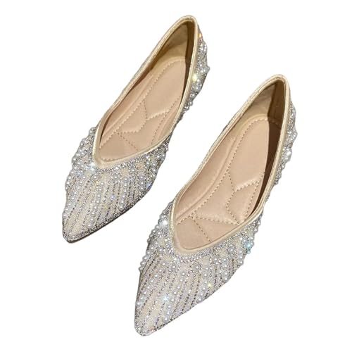 HuangTaiJi Qing Women's Pearl Rhinestone Pointed Toe Ballet Flats Dressy Comfortable Flat Shoes Slip-On Loafers Elegant Shoes