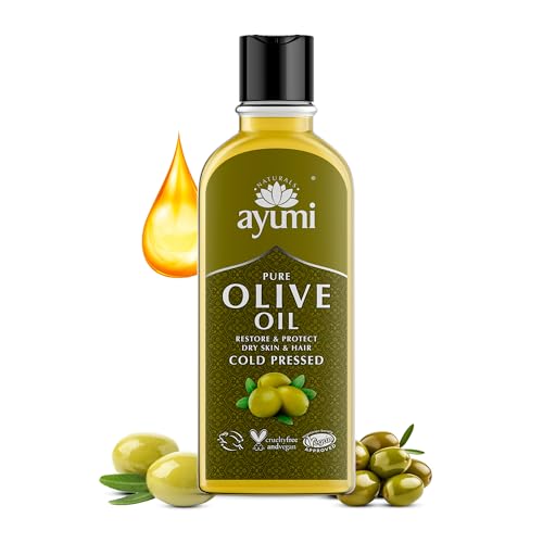 Ayumi Pure Olive Oil with Vitamin E & Fatty Acids | Cold Pressed Olive Oil for Frizzy Hair Treatment | Dry Skin Face Oil & Body Oil to Reduce Wrinkles | Food GradeOil to Aid Digestion | 1 x 150 ml