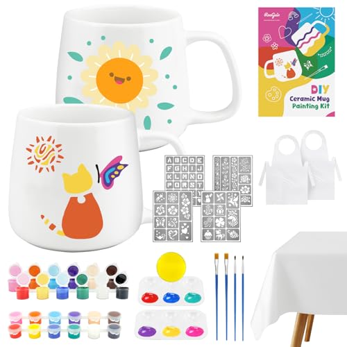 Mug Painting Kit for Adults Pottery Painting Kit for Beginners Paint Your Own Mug Set Includes 2 Mugs 12 Paints 6 Stencils 2 Aprons Tablecloth & Protective Sleeves DIY Craft Kits