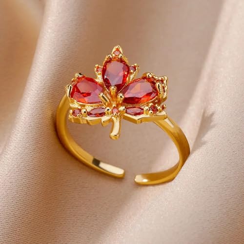 NewZenro Red Maple Leaf Cubic Zirconia Adjustable Open Rings for Women Dainty Engagement Statement Crystal Flower Finger Ring Wrap Bands Comfort Fit Trendy Jewelry Gifts Thanksgiving Christmas Bff2