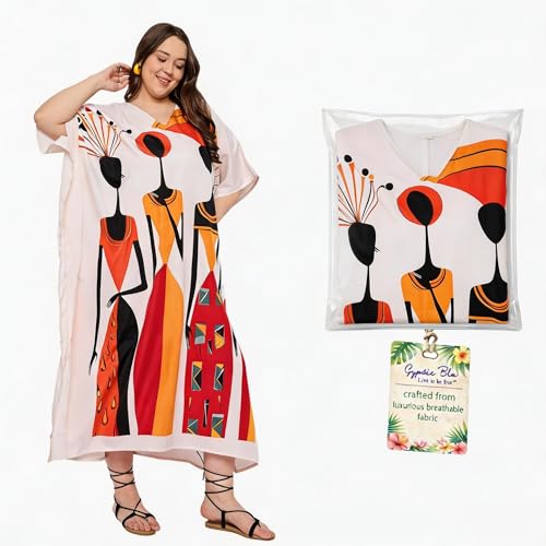 Image of Gypsie Blu Women Plus Size Kaftan Dress Beach Cover Up Maxi Dresses for Women, V-Neck Kimono Sleeve 1X-3X
