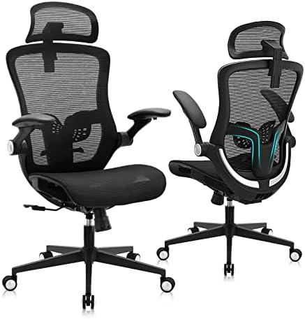 Office Chair, Ergonomic Mesh Desk Chair, High Back Home Office Desk Chairs with Adjustable Headrest & Seat Height, Flip-Up Arms, Tilt Function, and Lumbar Support, Swivel Computer Task Chair