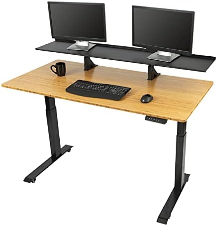Stand Up Desk Store Split Top Electric Adjustable Height Standing Desk with Monitor Shelf (Black Frame/Bamboo Top, 60" Wide)