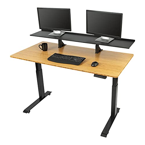 Stand Up Desk Store Split Top Electric Adjustable Height Standing Desk With Monitor Shelf (Black Frame/Bamboo Top, 60" Wide) #TOP25