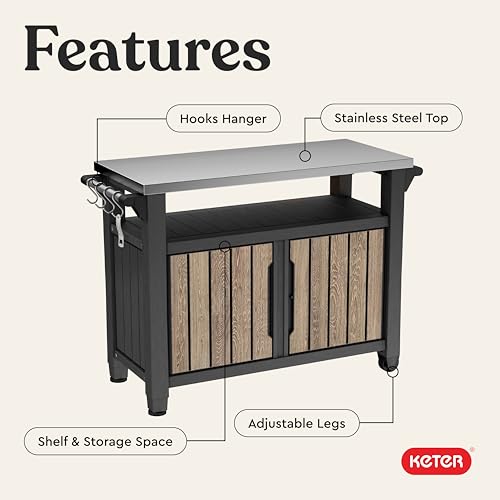 Image of Keter Unity XL Outdoor Entertainment Cart with Wood‑Look Finish, 78‑Gallon Patio Storage Cabinet, Food Prep Station, Stainless‑Steel Top for BBQ, Grill, Patio, Deck & Backyard, Ashwood