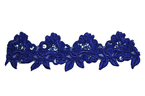 3.5" - White Red Burgundy Hunter Green Black Corded Scalloped Beaded Sequins Embroidered Bridal Lace Trim Sold By Yard (Royal Blue) #TOP4