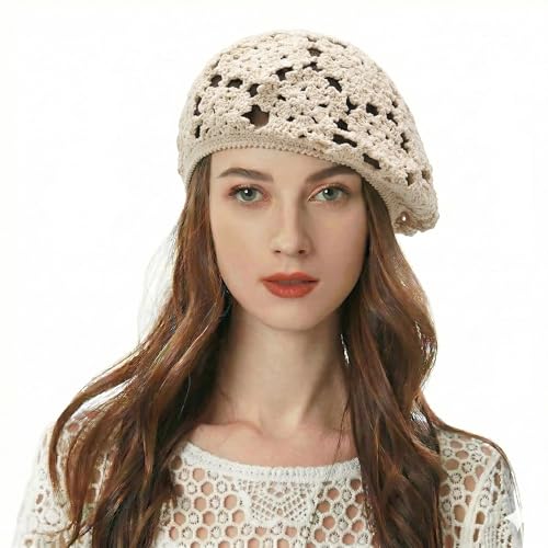 ZLYC Women Cotton Slouchy Crochet Beret Handmade Cutout Floral Beanie Hat, Floral Beige, One size