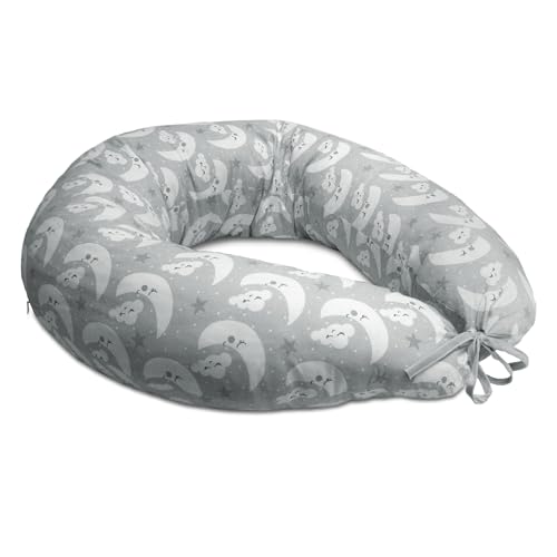 TIENDA EURASIA – Cojin Lactancia | Funda 100% Algodón y Relleno de Poliester | Estampado Gris y Blanco | con Cremallera y Relleno Extraible | Cojin de Lactancia Grande | 170X34 cm | Multifuncional