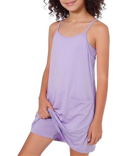 Lindanina Girls Dress with Shorts Casual Spaghetti Straps One Piece Romper Dresses with Pockets 9-10 Years Purple