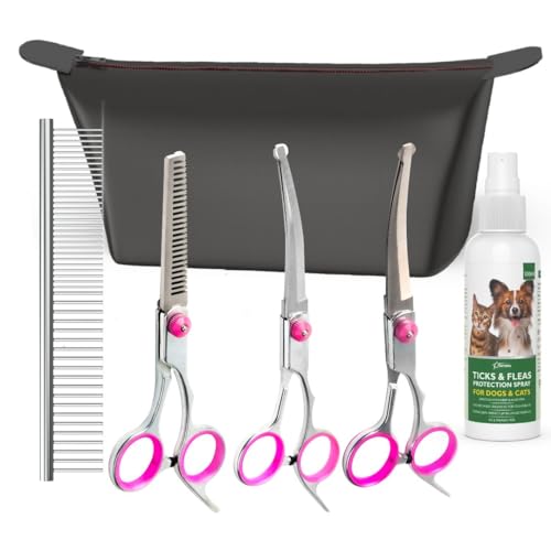 Image of V3 Dog Grooming Shears Kit | 6 Piece Stainless Steel Pet Grooming Set | Thinning Shear Up and Down Curved Fish Mouth Scissors | 2 in 1 Steel Comb |Anti-Tick Flea Spray100ml|Zip Carry Bag