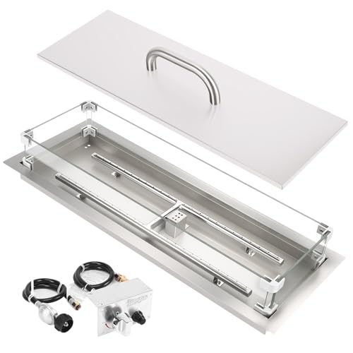 Hisencn 30 x 10 Inch Drop-in Fire Pit Kit Premium Stainless Steel Modern Fire Trough with Tempered Glass Wind Guard Built-in Outdoor Table Flame Feature for Patio Backyard & Entertaining
