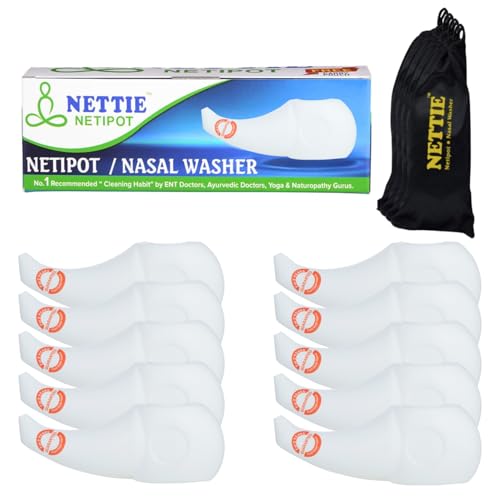 Image of NETTIE Neti Pot |Food grade material, 300ml capacity, BPA Free, free carry pouch, ergonomic Nasal Irrigation for Effective Relief of Sinusitis, Allergies and Cold Symptoms jalaneti pot - Pack of 10