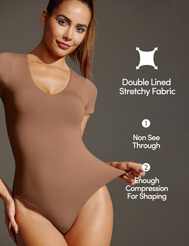 Image of IUGA Bodysuits for Women Tummy Control Body Suits for Womens Compression Slimming Thong Bodysuit V Neck