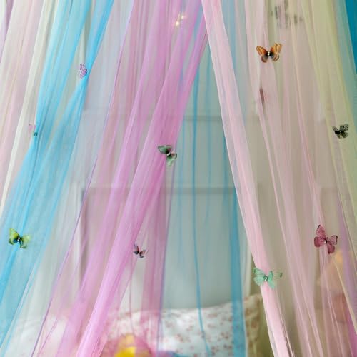 Image of Yellow Rainbow Bed Canopy with Butterflies for Girls,Breathable Canopy Bed Curtain for Bed,Princess Play Tent for Kids Room Reading Nook
