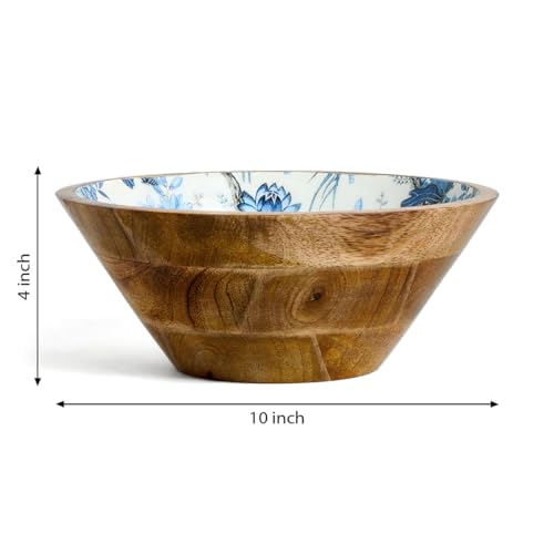 Image of SAAGA Mango Wood Salad Bowl | 10 x 4 Inch Large Wooden Mixing & Serving Bowl for Salads, Fruits, Vegetables & Snacks | Handcrafted Kitchen & Dining Bowl | White & Mazarine Blue