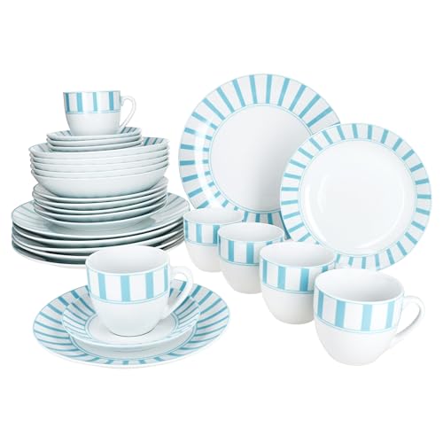 MamboCat Split Service combiné 30 pièces turquoise I Service de table en porcelaine blanche avec rayures pour 6 personnes I 6 tasses, soucoupes, assiettes à...