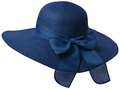 Miobo Damen Strohnut Sonnenhut Sommer Schleife Hut Strandhut Krempenhut Schlapphut 58 Dunkelblau