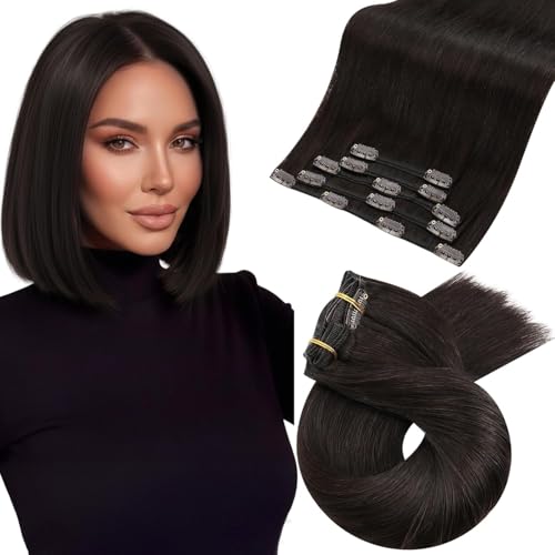 Image of Moresoo Short Human Hair Clip in Extensions Brown Double Weft 10 inch Clip in Hair Extensions for Women Dark Brown #2 5pcs 80g