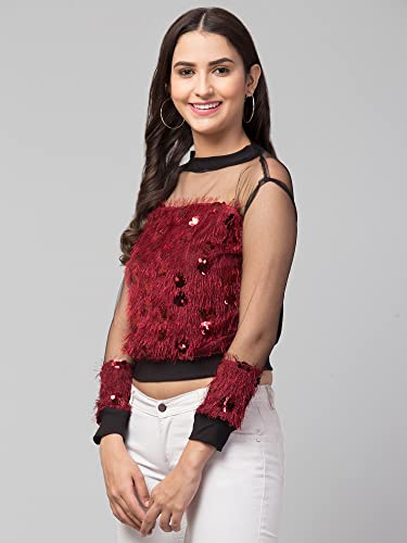 Image of NEOAMBER Women Stylish Sleeveless Sequin Net Western Cami Party Crop Top