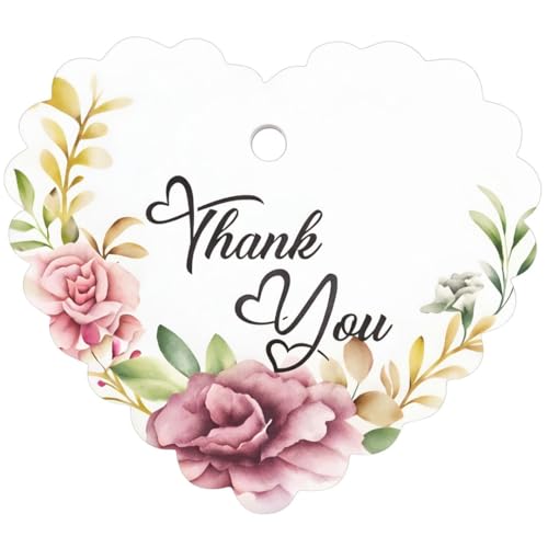 Image of CVANU Heart Shaped Thank You Tags 150-Pcs with Golden String, Floral Design Gift Tags for Wedding Favors| Birthday Party| Small Business Packaging (2.16x2.36 inch) D7