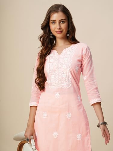 Image of RATAN Muga Cotton Straight Lucknowi Chikankari Ethnic Wear Kurta for Women
