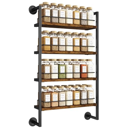 IBUYKE LJ016H - Portaspezie da parete, 4 ripiani, grande organizer per spezie fino a 50 bicchieri, in legno, per cucina, porta armadio, bagno, dispensa, marrone