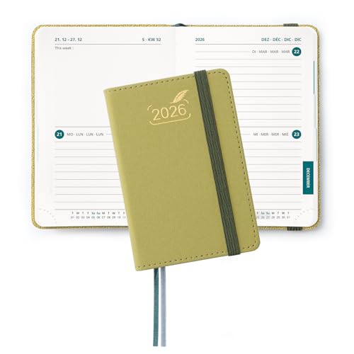 BEZEND Mini Agenda 2026 Pequeña 2 Días por Página 8 x 12 cm, Agenda Bi-Diaria de Bolsillo, Tapa Dura en Cuero PU - Mostaza