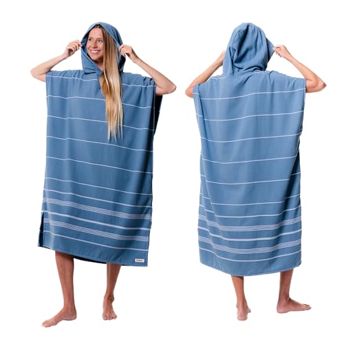 Sand Cloud Towel Poncho for Women & Men - Lightweight & Sand-Repellent Poncho Shirt with Oversized Hood & Side Pockets for Post Shower & Post Surf - Made with Organic Turkish Cotton - Slate Blue