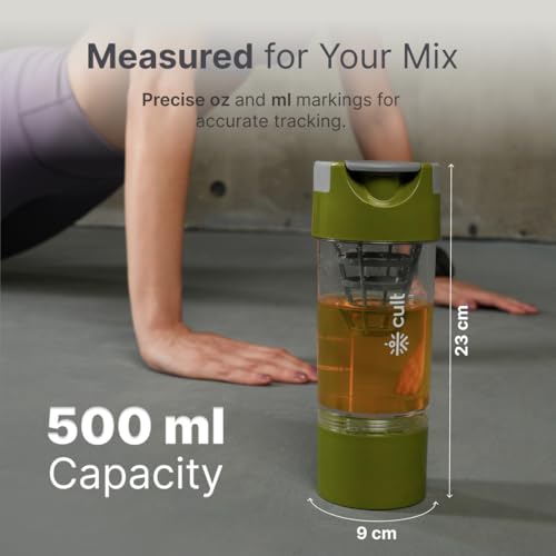 Image of CULT Cyclone Shaker Bottle 500ml with Storage Compartment & Mixer Ball | Shaker for Gym & Leakproof Protein Sipper for Men & Women | Workout Supplement Bottle (Olive Grey)