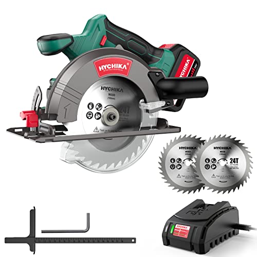Sierra Circular, HYCHIKA 4000RPM 18V Sierra Circular Eléctrica con Batería Li-ion 4.0Ah, Profundidad de Corte 90º (53mm)/45º (36mm), 2 Hojas (24T/40T) 165mm, para Madera, Plástico, Metal Blando