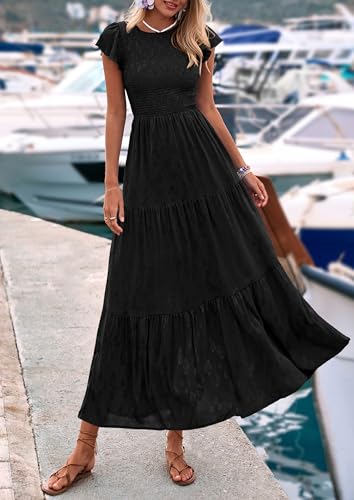 PRETTYGARDEN Wedding Guest Dresses for Women 2025 Summer Floral Cap Sleeve Smocked A Line Long Elegant Party Boho Dress3