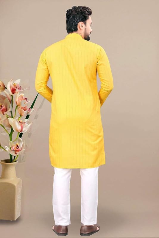 Image of FASHION GALLERY Men's Solid Pattern Polycotton Kurta with Long Sleeve Round Neck Knee Length and Pull On Closure Type|Men Kurta Pajama Set