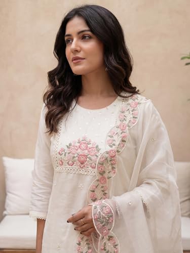 Image of INDO ERA Solid Straight Pure Cotton Kurta with Pant & Dupatta Set for Women