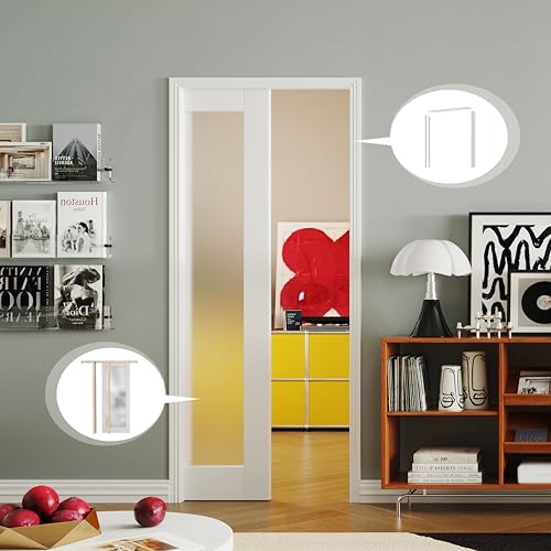 Image of Pocket Door 32 inch x 80 inch, 1-Lite Frosted Glass Pantry Door Panel with Frame and Hardware Kit Set Plus Door Jamb, Single Interior & Closet Door Slab for Sliding Door, No Panel Assembly Required
