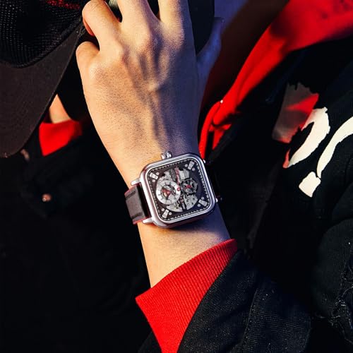 Image of ROCOSJEWE Automatic Watches for Men Skeleton Mechanical Watch Stainless Waterproof Anti Shock Casual Analog Dress Watch Leather Band Vintage Square Ultra Thin Business Wristwatch R0917